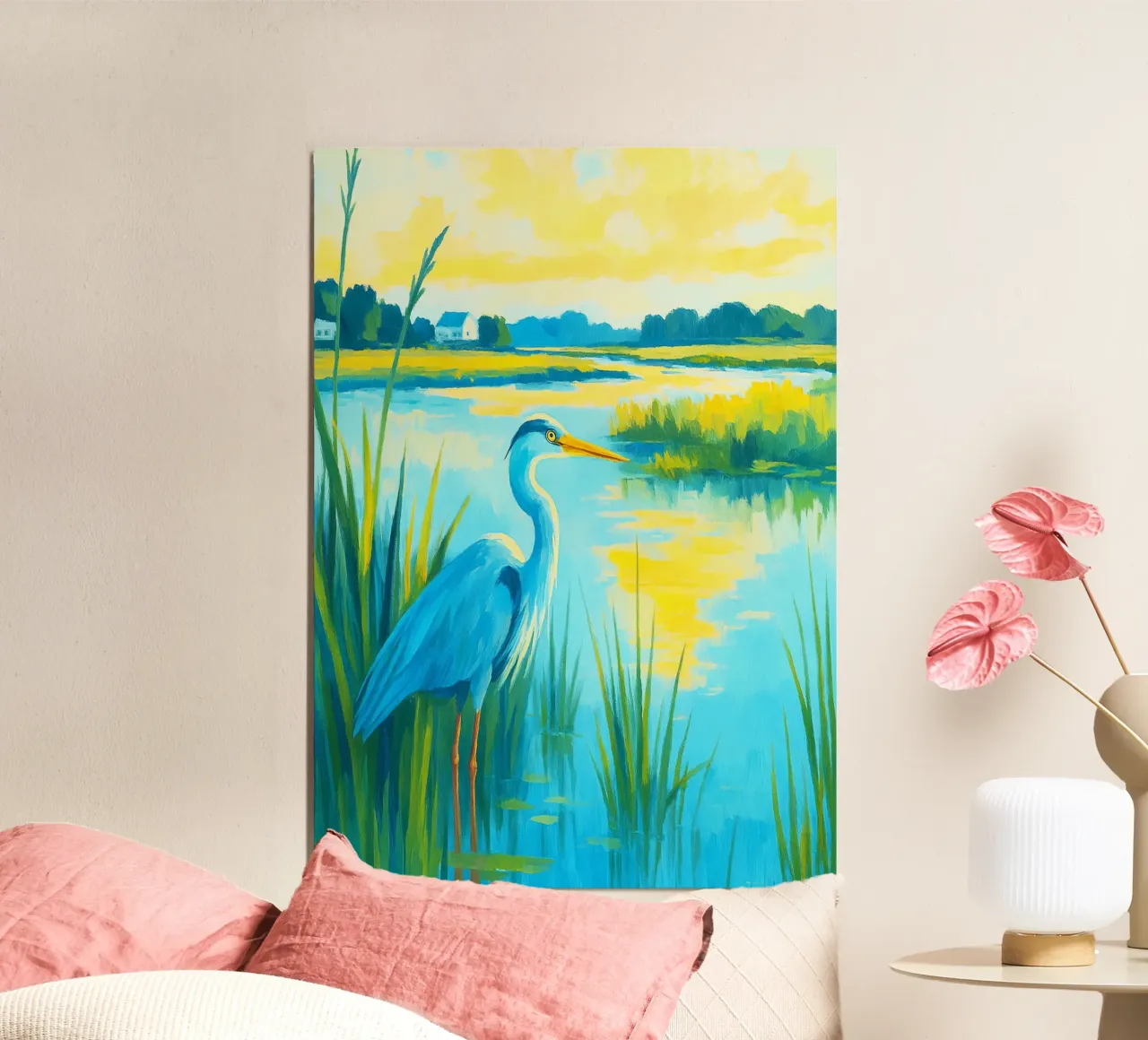 pelikaan in de rivier abstracte tekening ilustratie poster met houten frame van danine