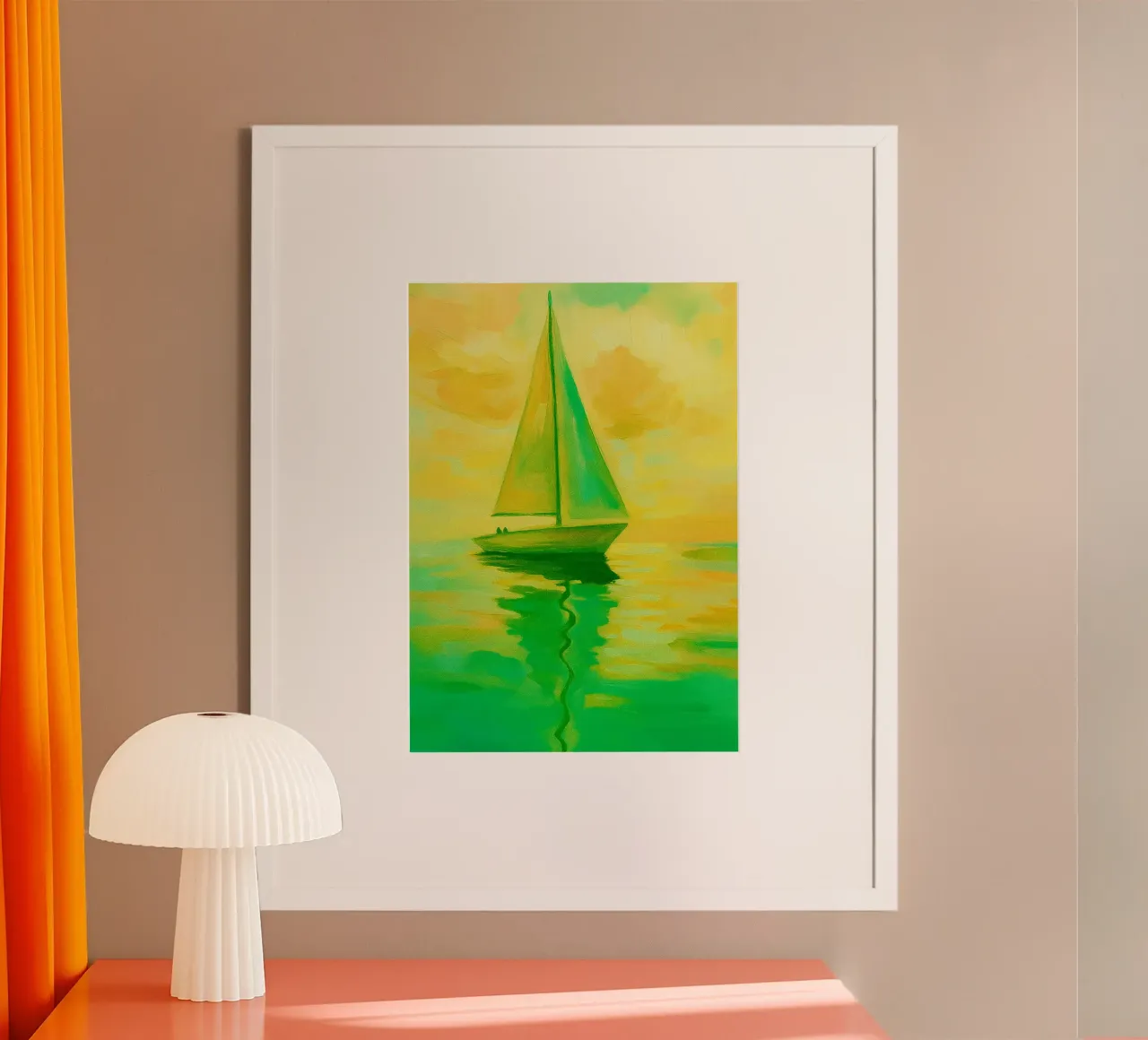 zeilboot abstracte tekening ilustratie poster met houten frame van danine