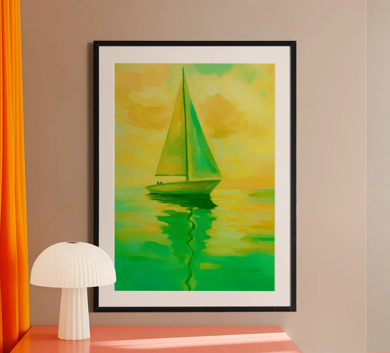 zeilboot abstracte tekening ilustratie poster met houten frame van danine