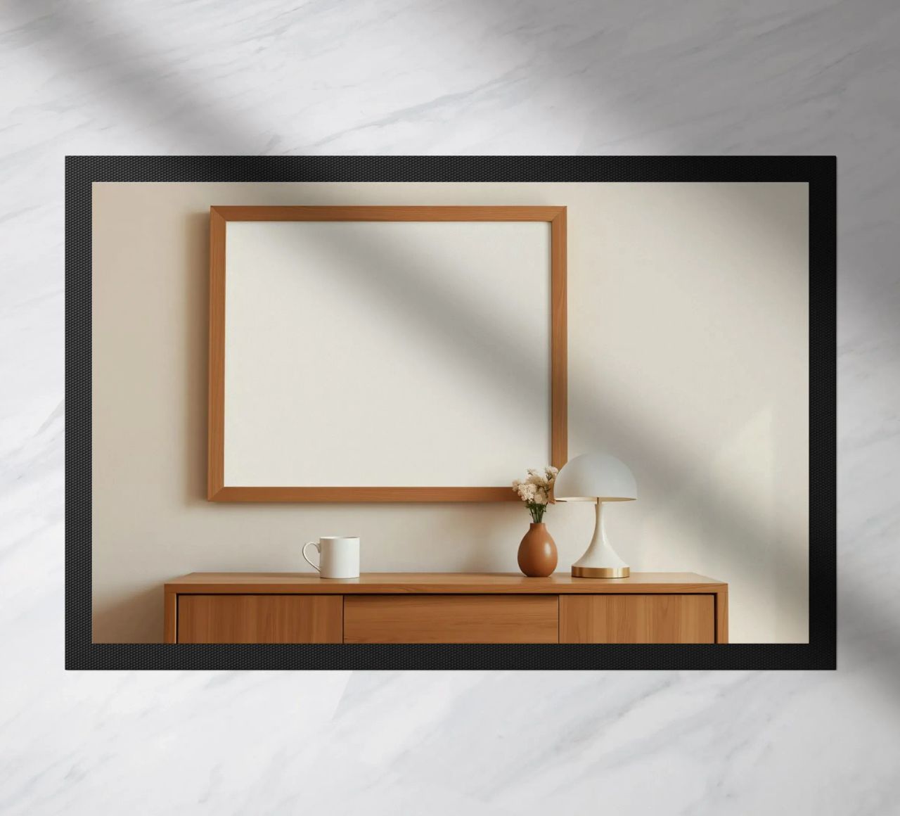 Modern interior featuring a blank frame and minimal decor doormat by DesignDoodle