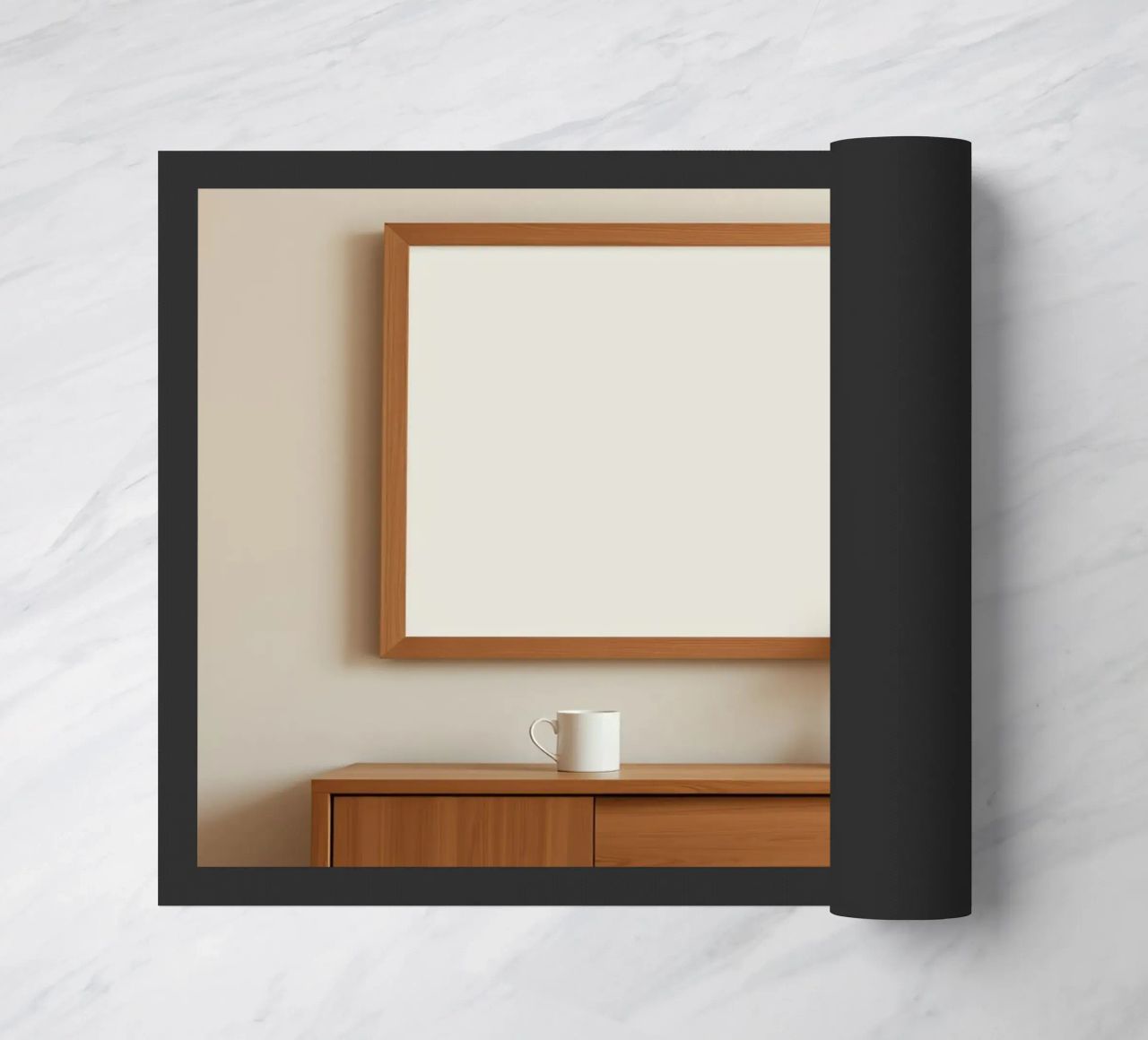 Modern interior featuring a blank frame and minimal decor doormat by DesignDoodle