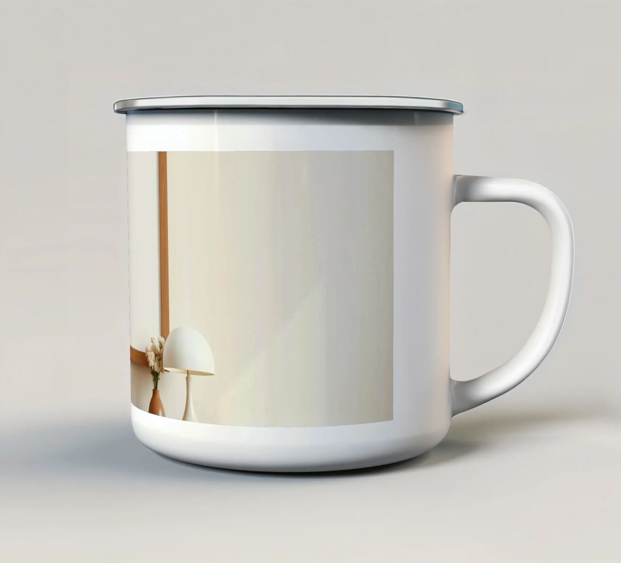 Modern interior featuring a blank frame and minimal decor enamel mug by DesignDoodle