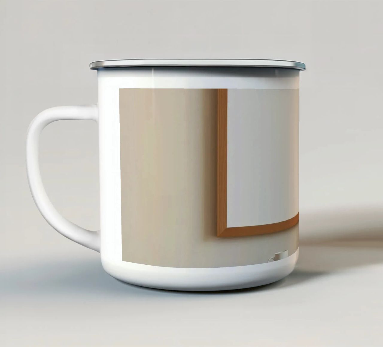 Modern interior featuring a blank frame and minimal decor enamel mug by DesignDoodle