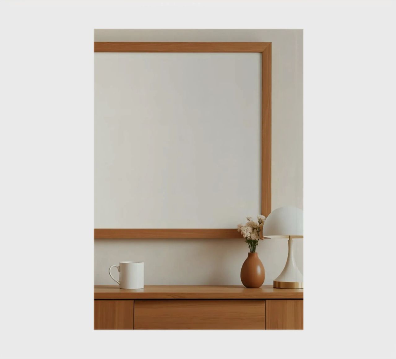 Modern interior featuring a blank frame and minimal decor notebook by DesignDoodle