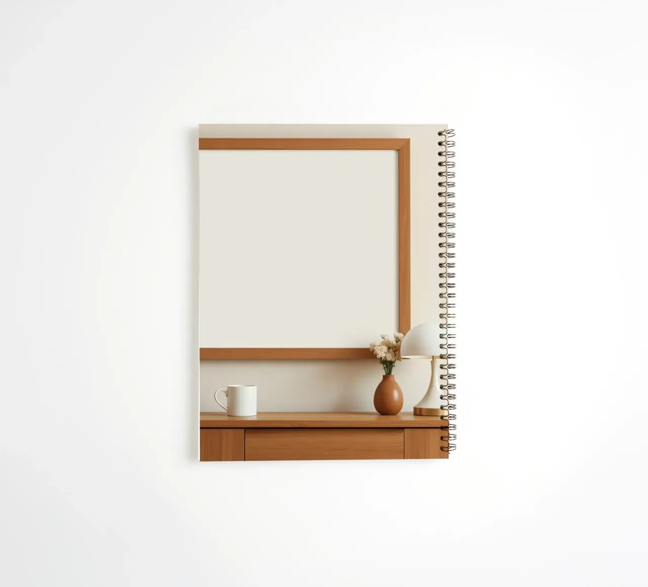 Modern interior featuring a blank frame and minimal decor spiral notebook by DesignDoodle
