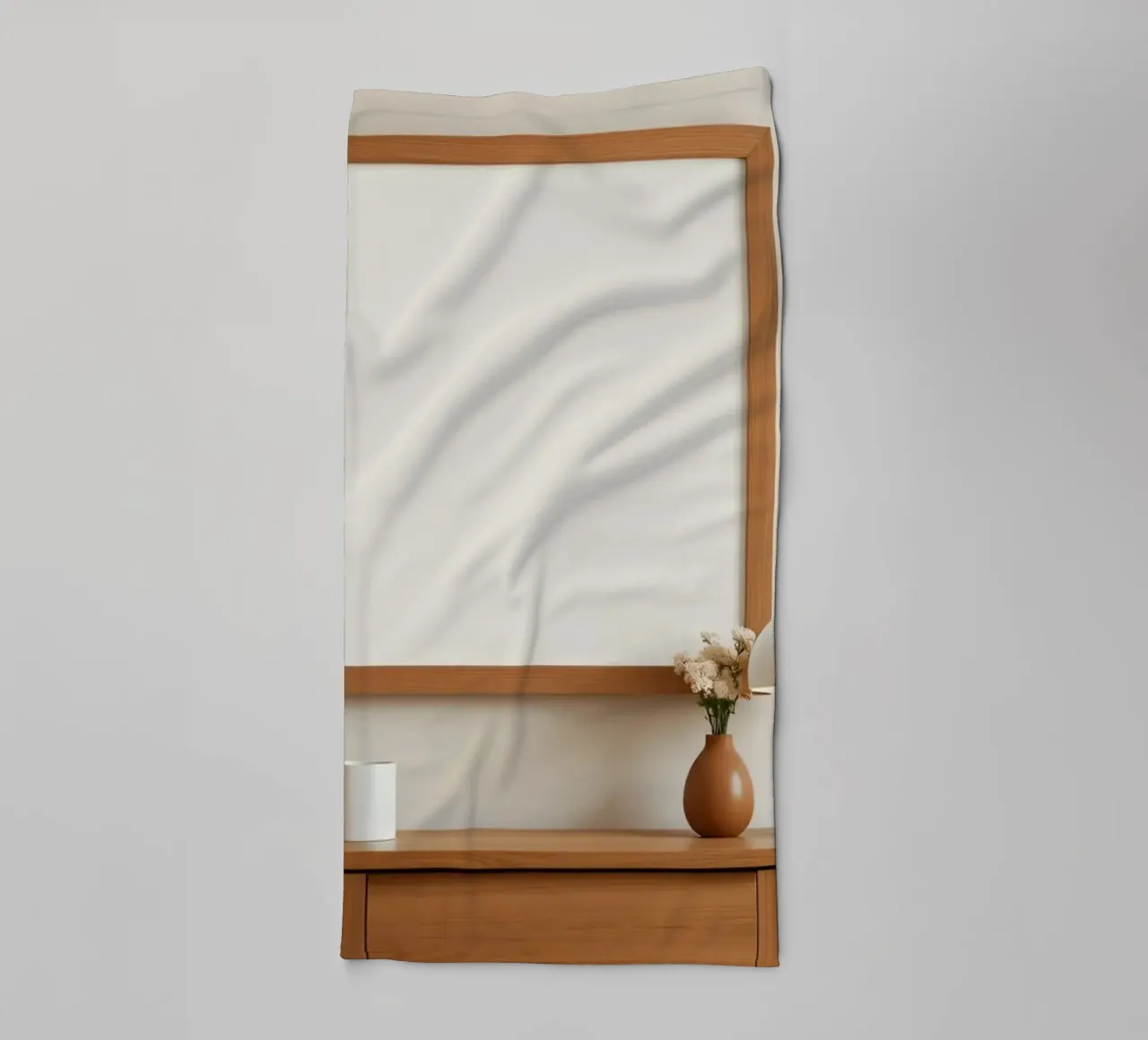 Modern interior featuring a blank frame and minimal decor towel by DesignDoodle