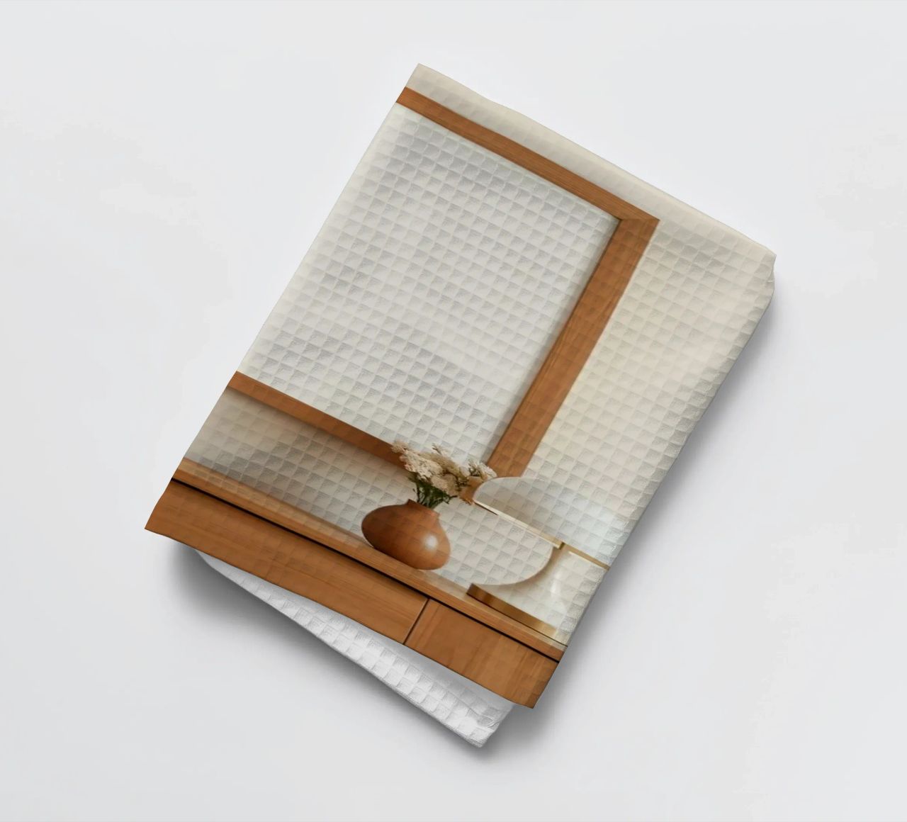 Modern interior featuring a blank frame and minimal decor tea towel by DesignDoodle