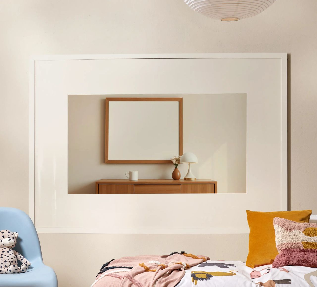 Modern interior featuring a blank frame and minimal decor poster with wooden frame by DesignDoodle