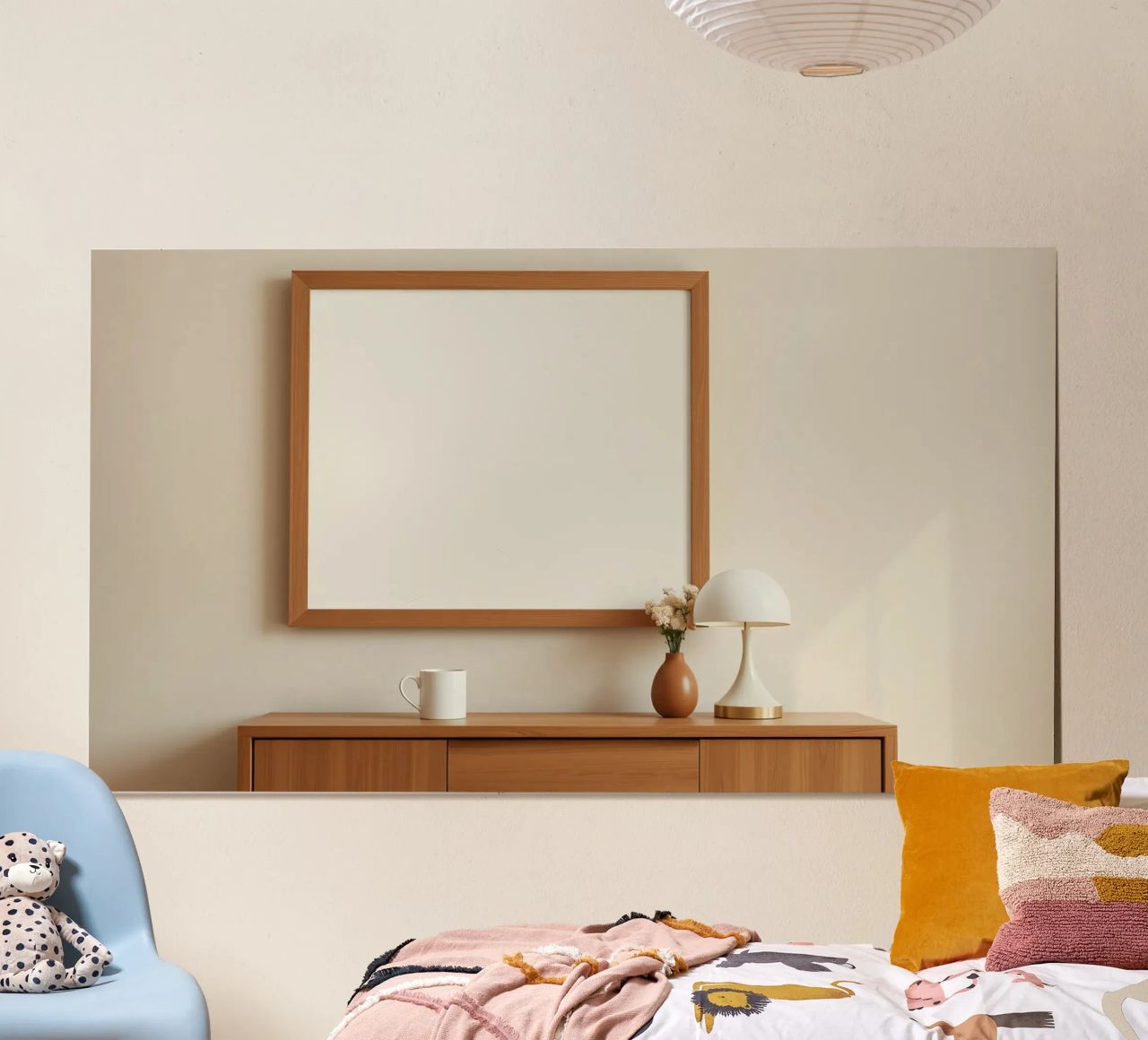 Modern interior featuring a blank frame and minimal decor poster with wooden frame by DesignDoodle