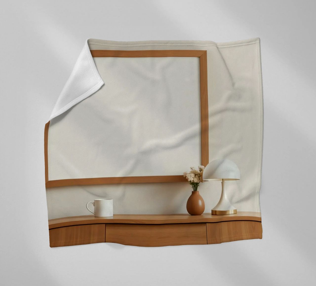 Modern interior featuring a blank frame and minimal decor fleece blanket by DesignDoodle