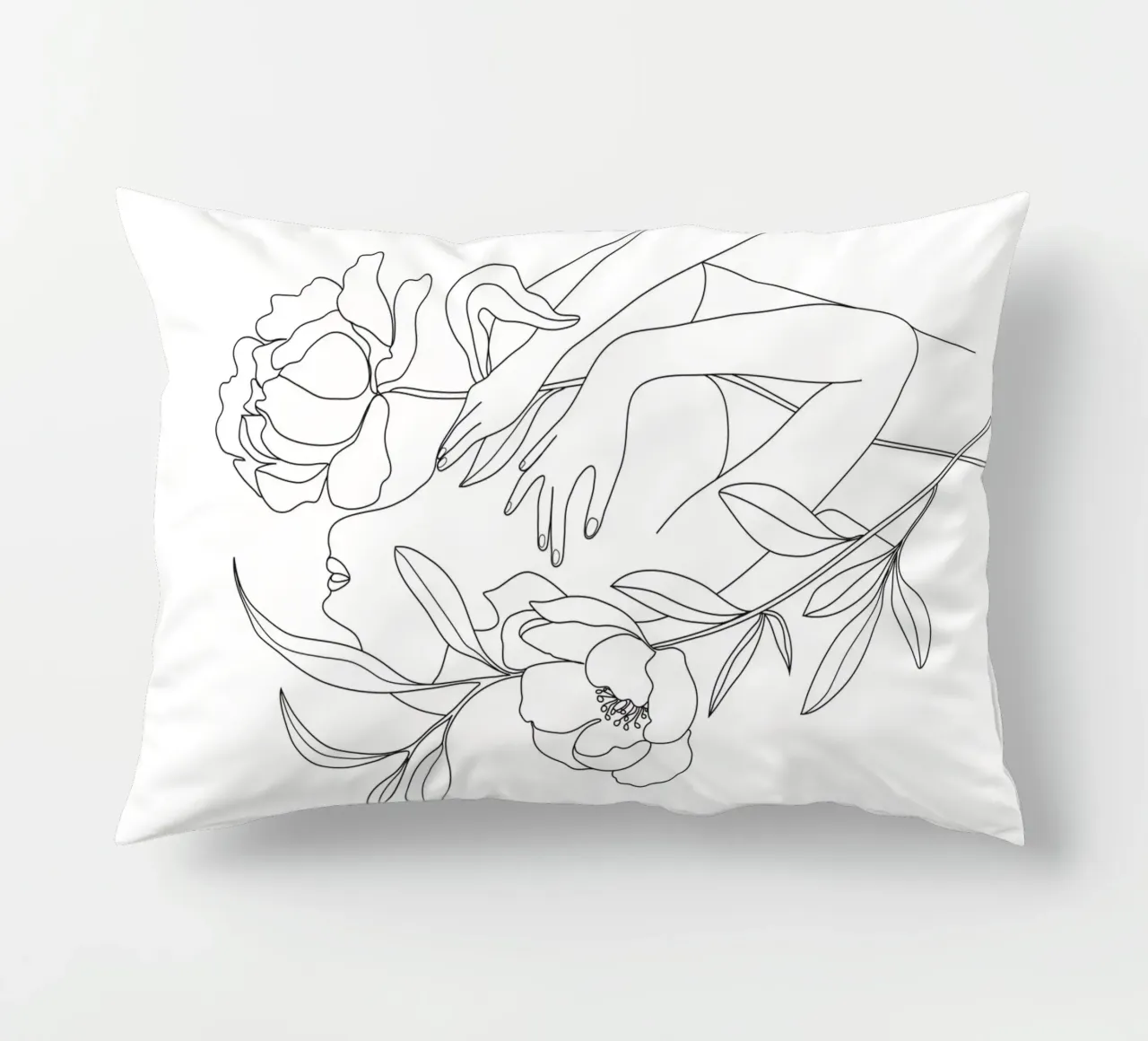 Minimal Line Art Woman with Peonies decorative cushion by Nadjaa