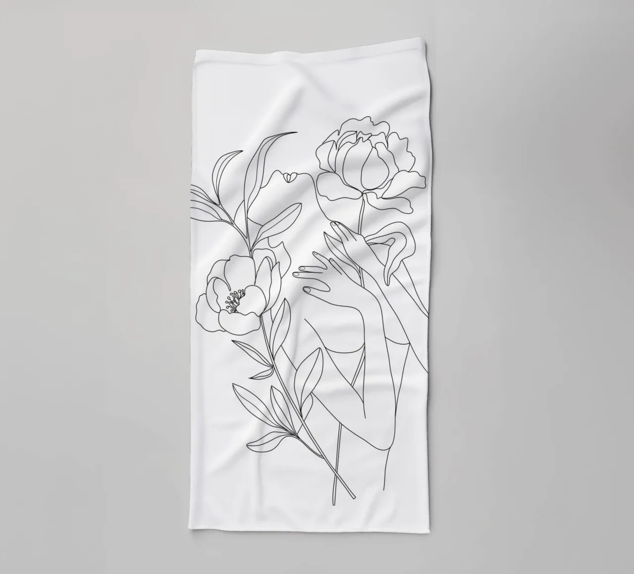 Minimal Line Art Woman with Peonies towel by Nadjaa