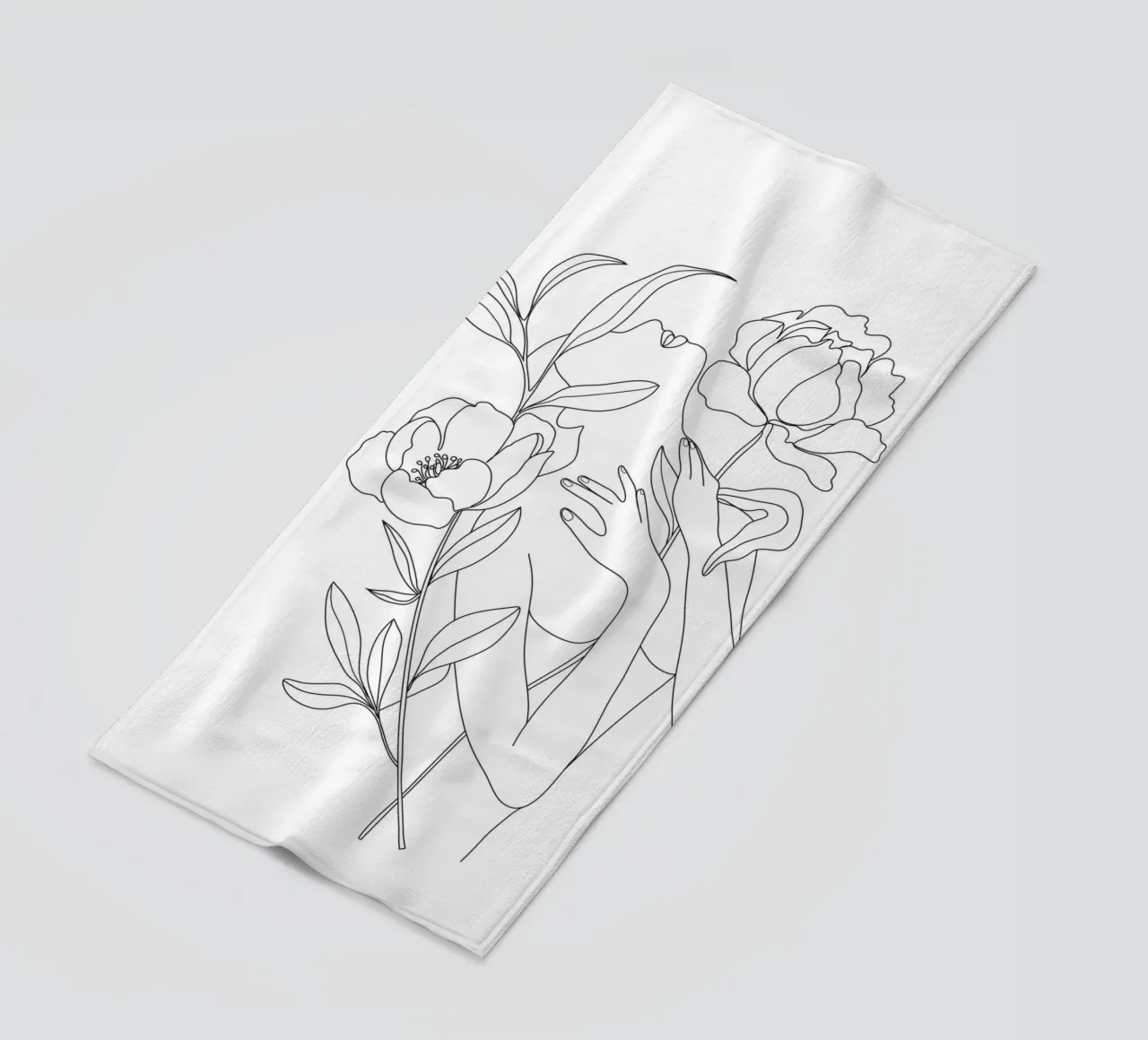Minimal Line Art Woman with Peonies beach towel by Nadjaa