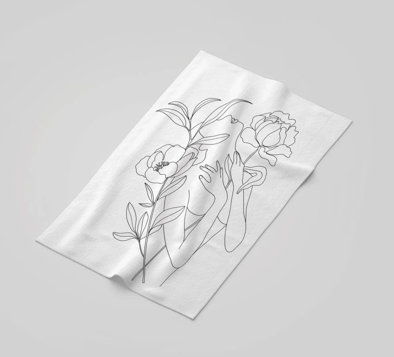 Minimal Line Art Woman with Peonies beach towel by Nadjaa