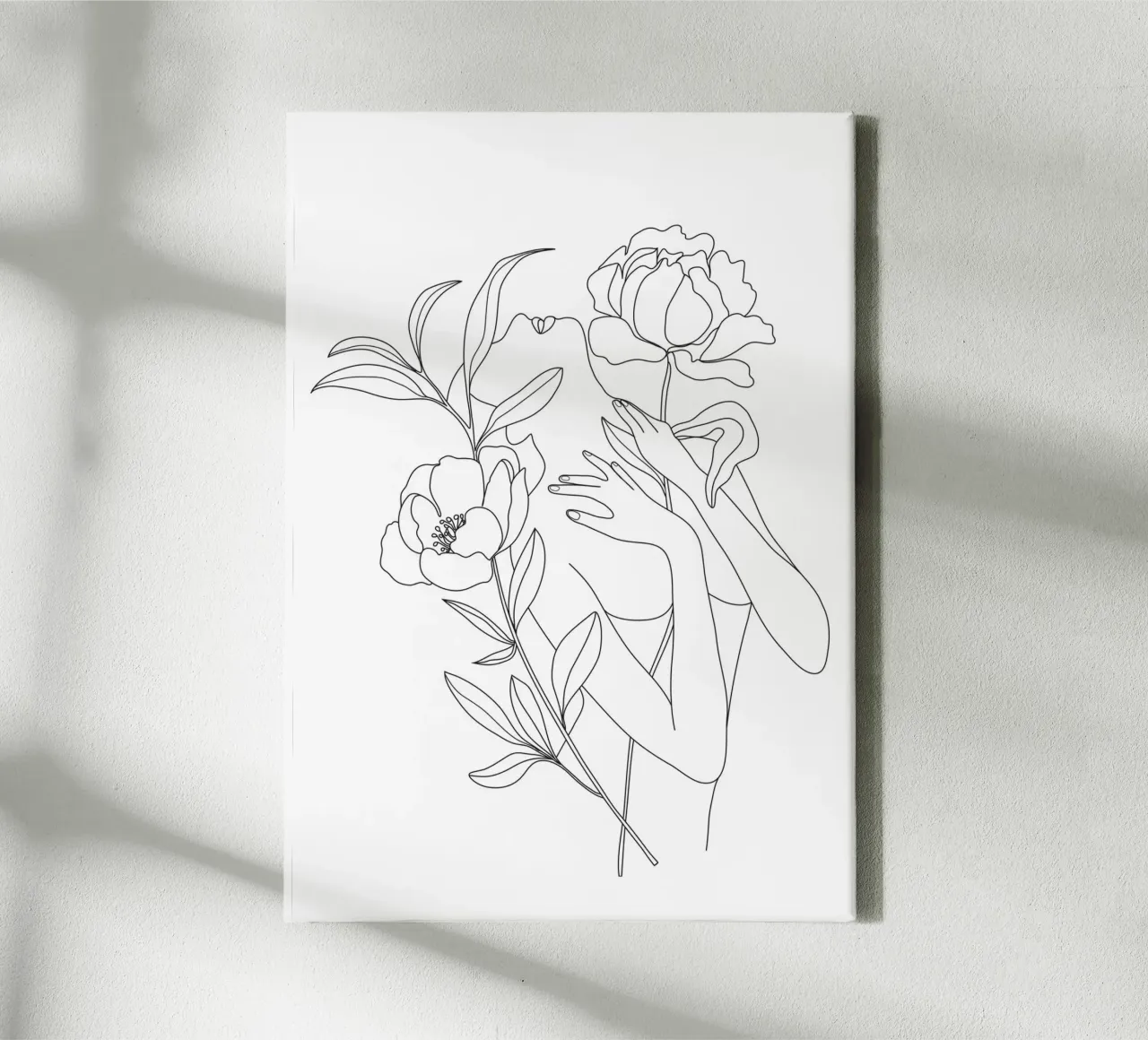 Minimal Line Art Woman with Peonies canvas by Nadjaa
