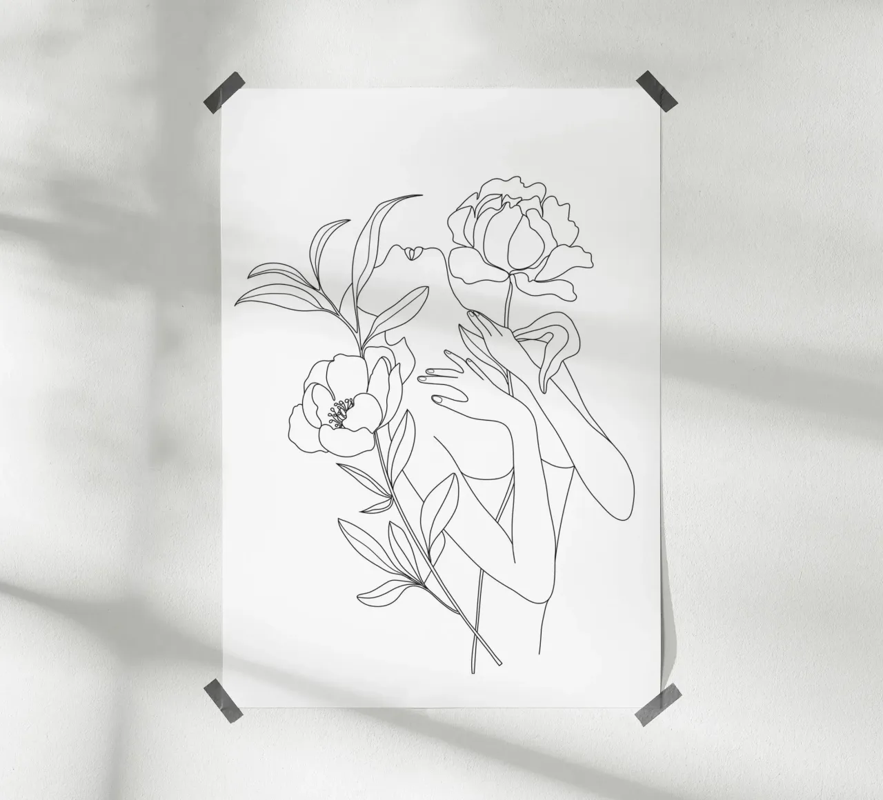 Minimal Line Art Woman with Peonies poster da Nadjaa