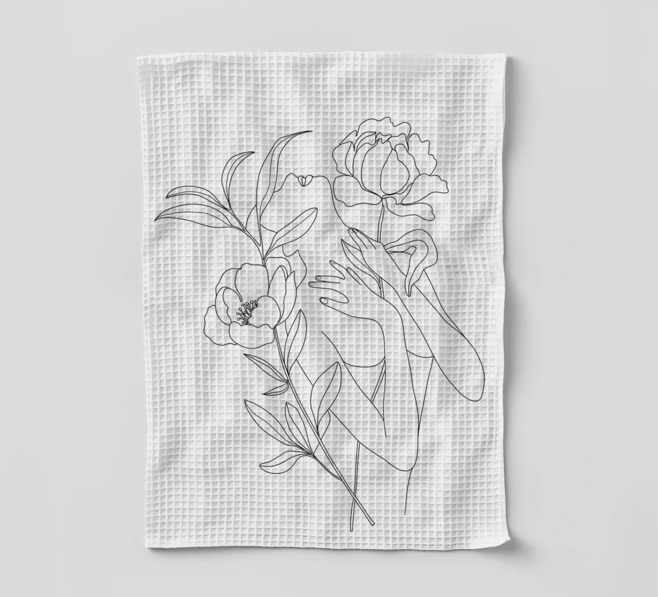 Minimal Line Art Woman with Peonies theedoek van Nadjaa