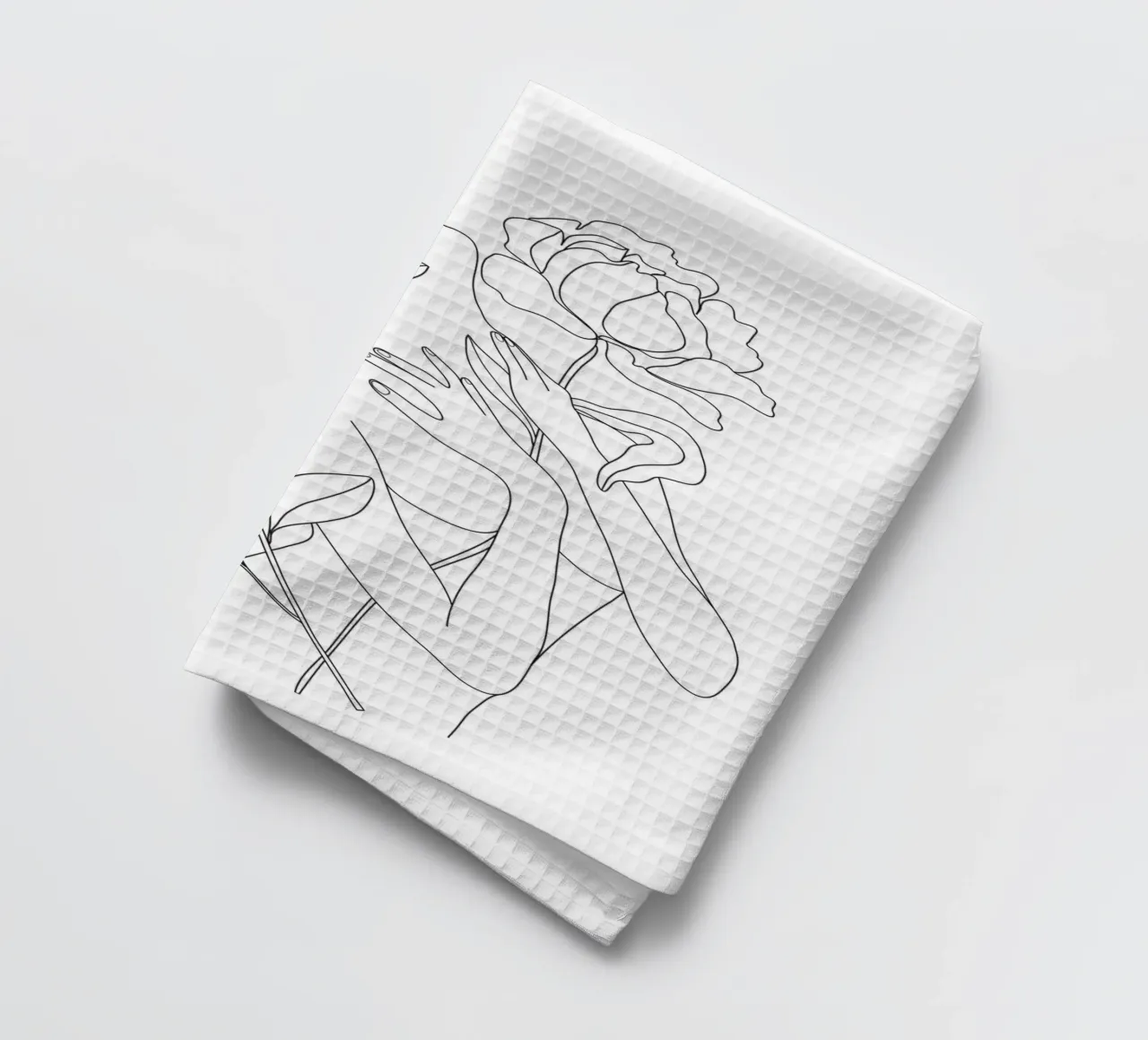 Minimal Line Art Woman with Peonies theedoek van Nadjaa