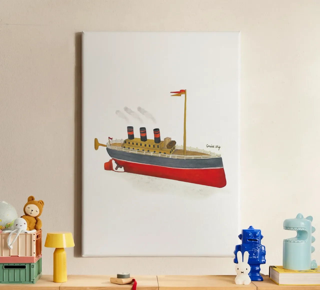 Retro speelgoedschip canvas met Baklijst van tiny goods studio