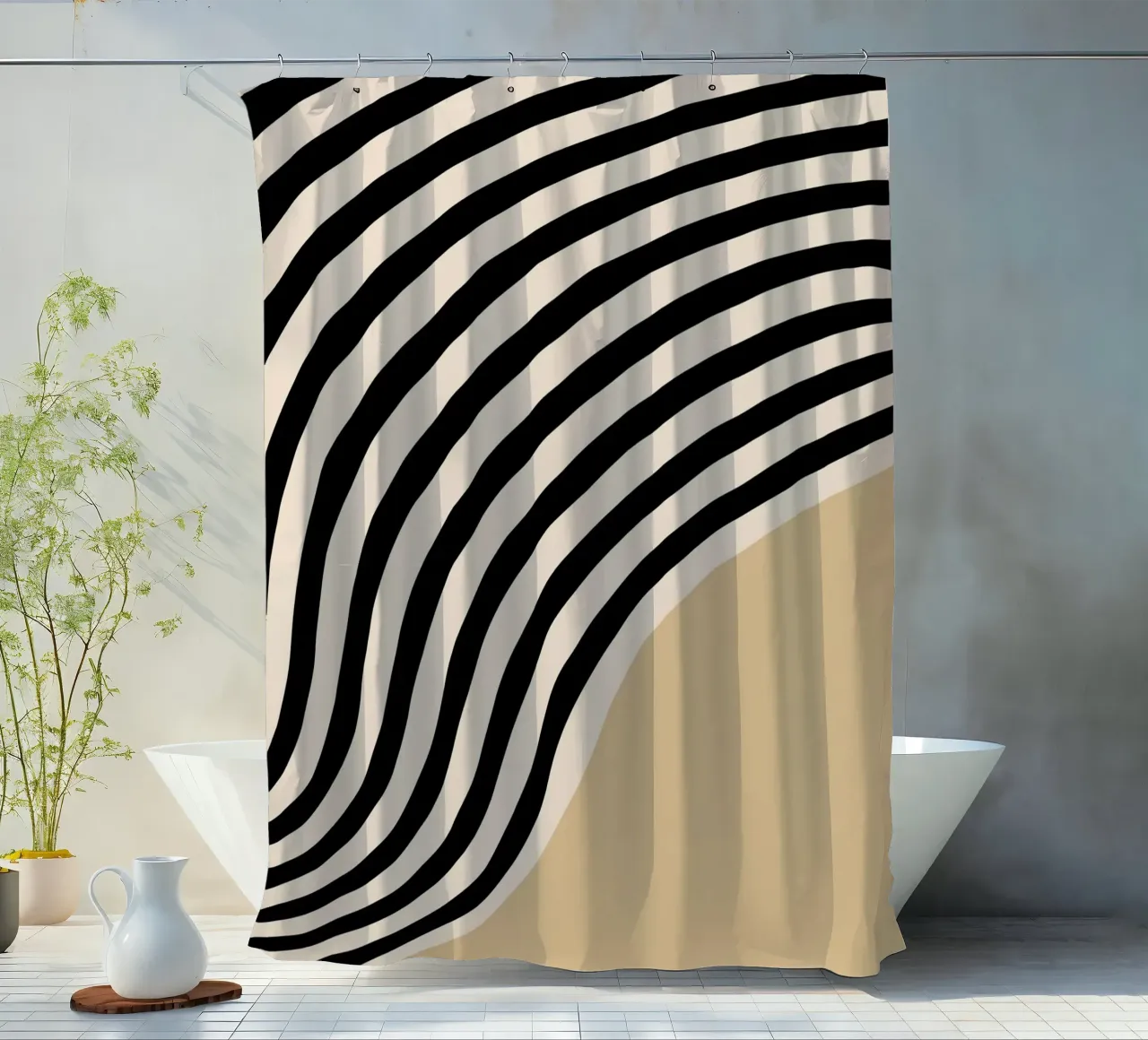 Poster Minimal Wave | Line in beige e nero tenda da doccia da Studio Vibe