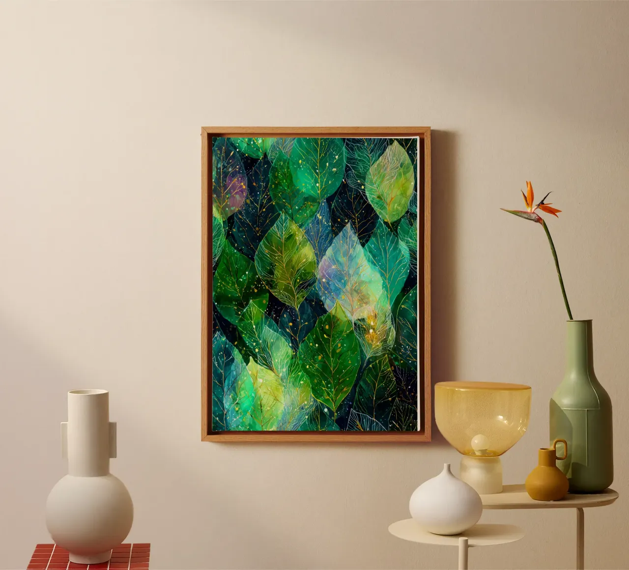 Groene bladeren canvas met Baklijst van Justyna Jaszke JBJart