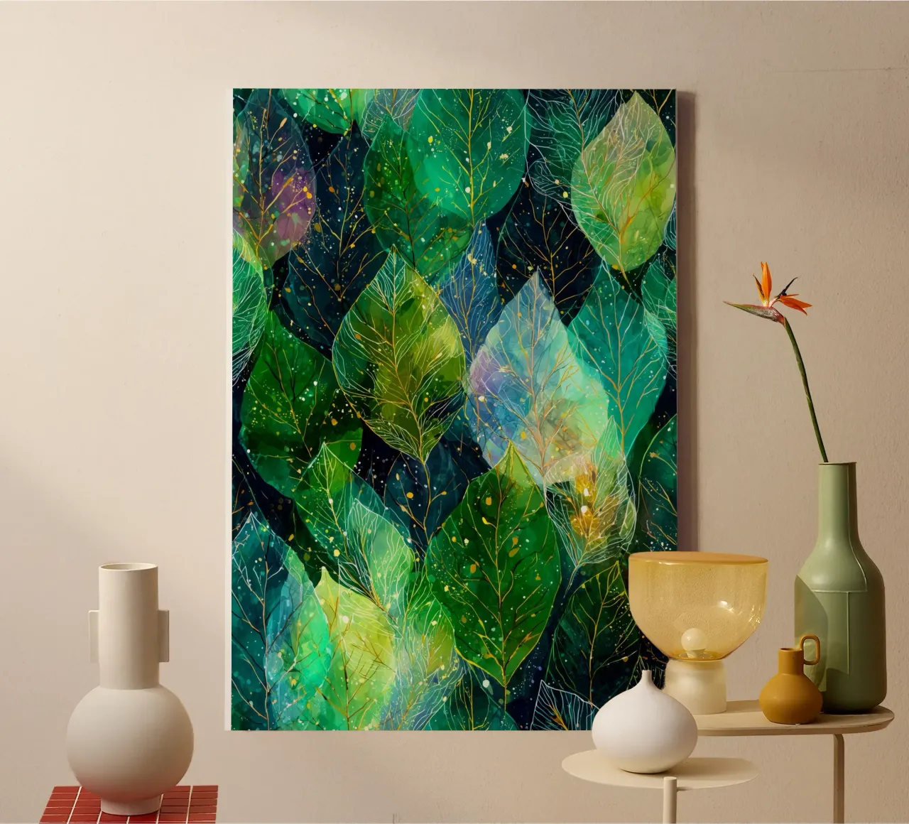 Groene bladeren canvas met Baklijst van Justyna Jaszke JBJart
