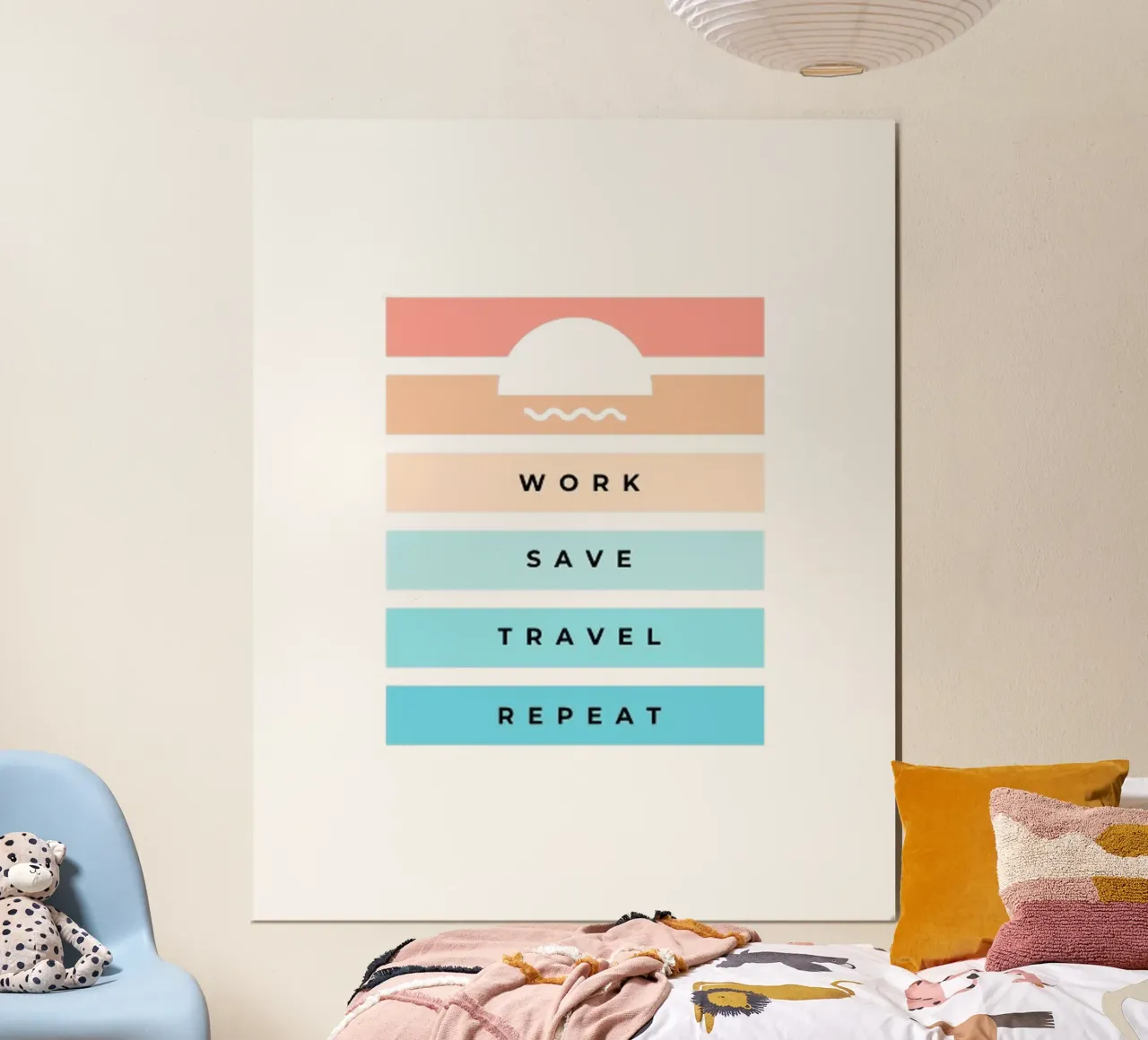 Work Save Travel Repeat poster with aluminum frame by Olivia Creator