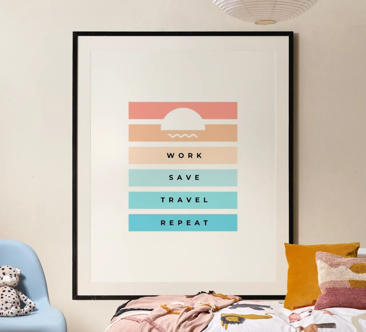 Work Save Travel Repeat poster with aluminum frame by Olivia Creator