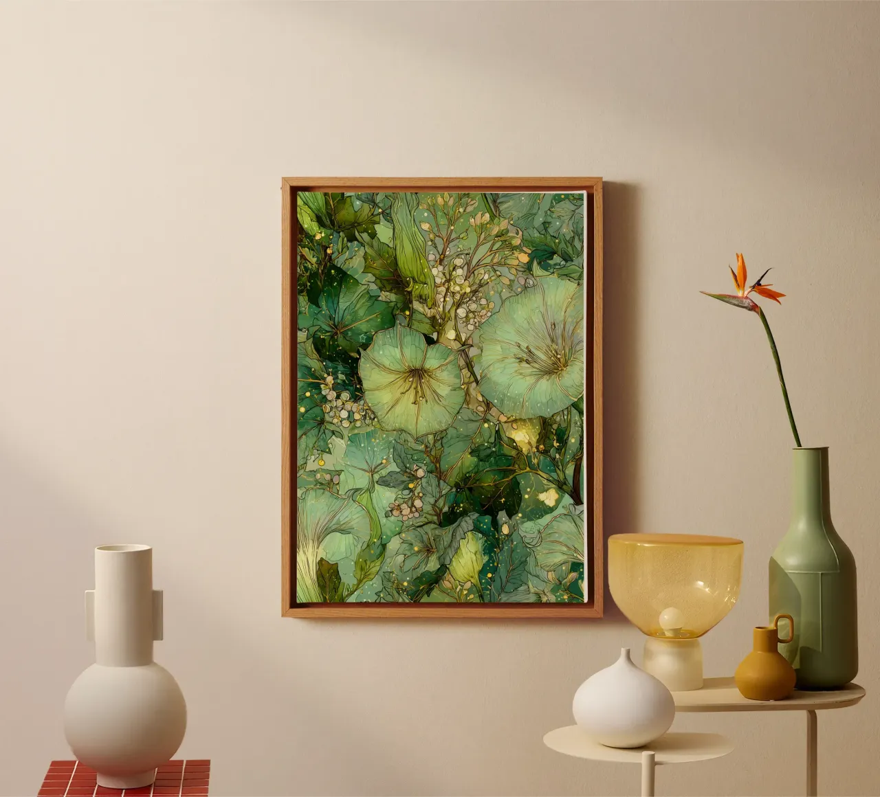 Groene bloemen canvas met Baklijst van Justyna Jaszke JBJart