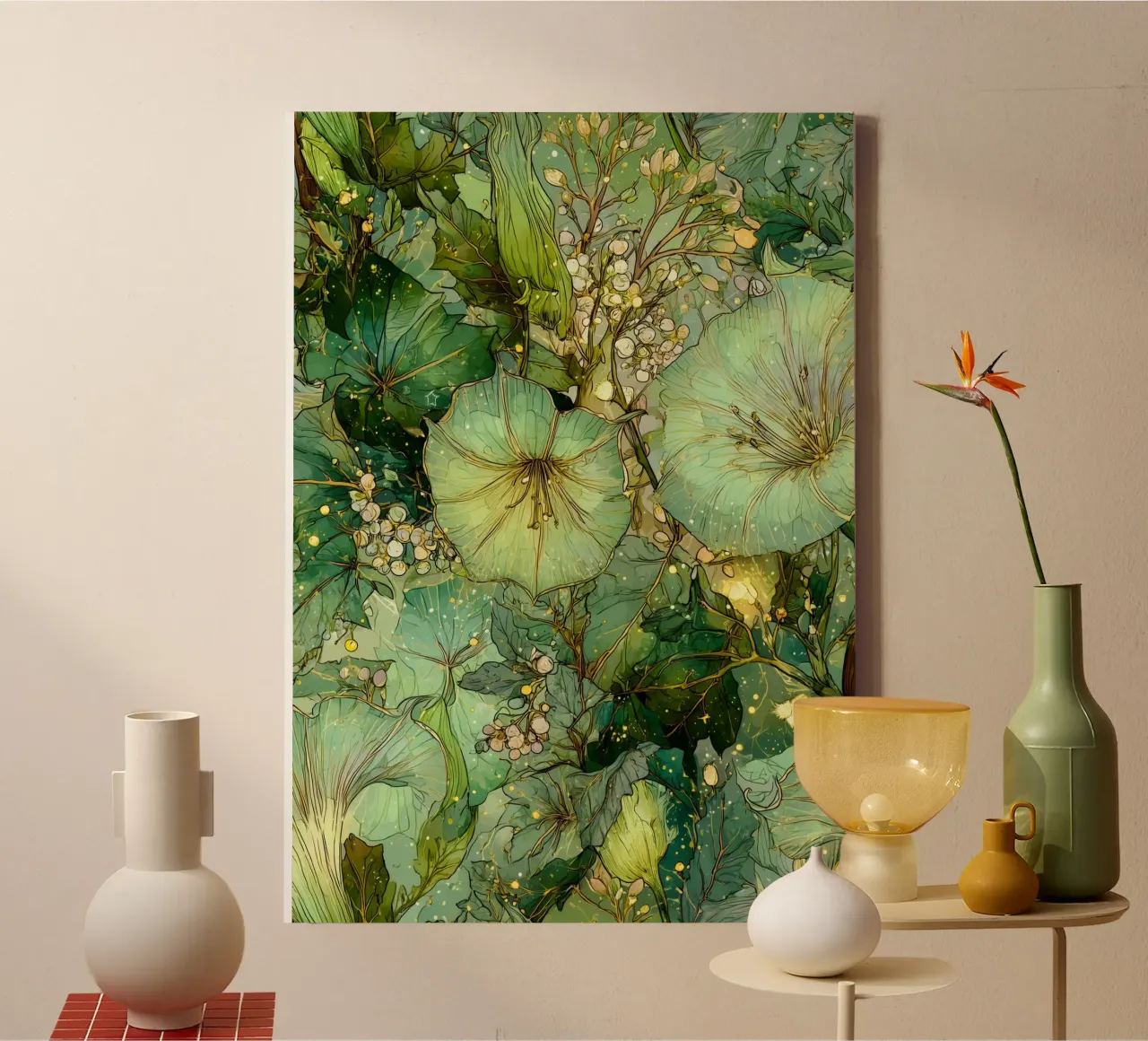 Groene bloemen canvas met Baklijst van Justyna Jaszke JBJart