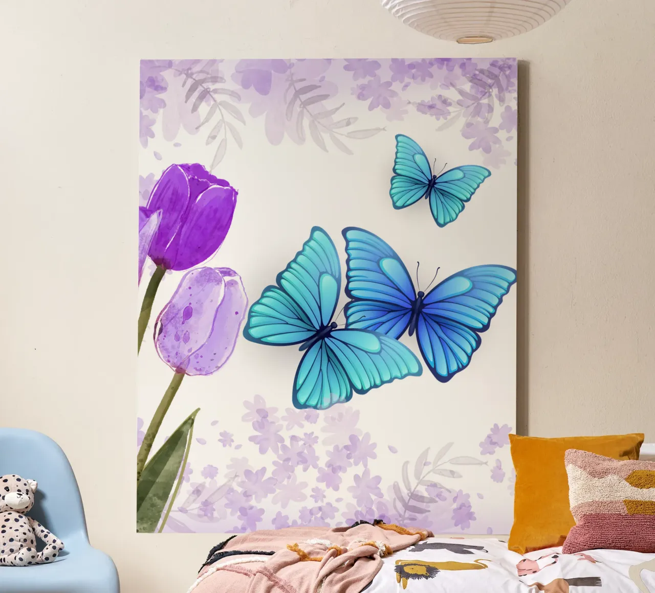Paarse tulpen & blauwe vlinders - Bloemenontwerp canvas met Baklijst van StrindesignStudio