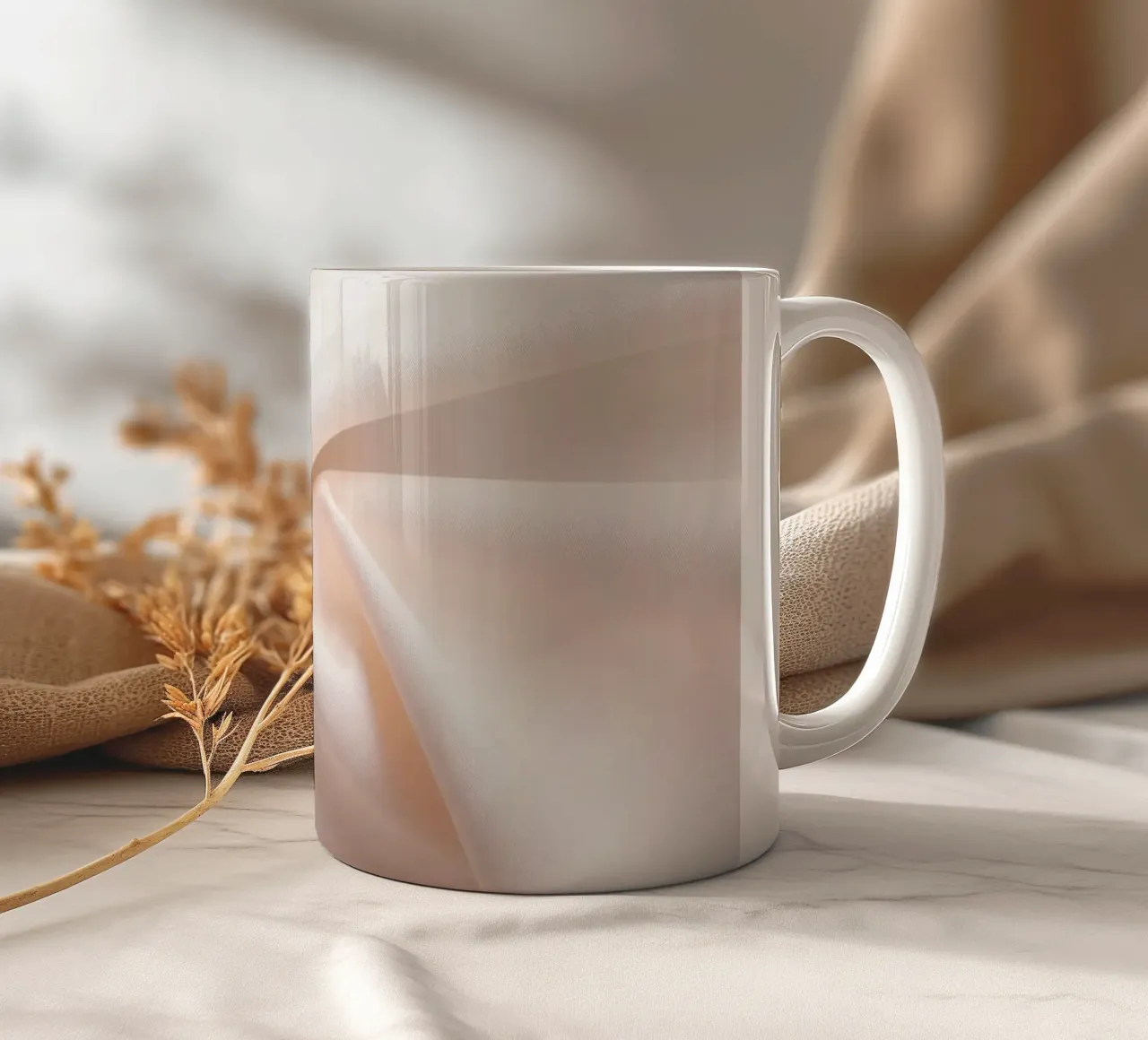 Soft beige fabric draped and folded on a surface ceramic mug by DesignDoodle