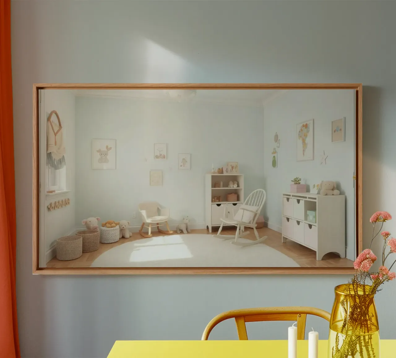 Gezellige en uitnodigende kinderkamer met pasteldecor & speelgoed canvas van DesignDoodle