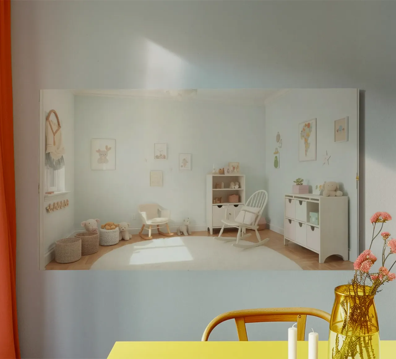 Gezellige en uitnodigende kinderkamer met pasteldecor & speelgoed canvas van DesignDoodle