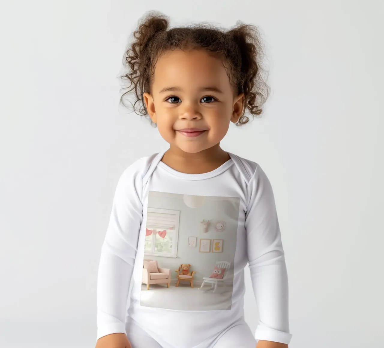 Lichte en gezellige kinderkamer met speelse inrichting en zachte babyrompertje lange mouwen van DesignDoodle
