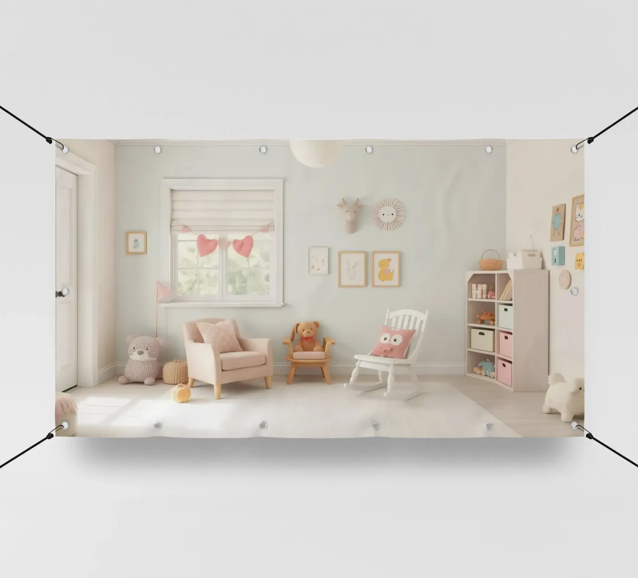 Lichte en gezellige kinderkamer met speelse inrichting en zachte pvc-zeil van DesignDoodle