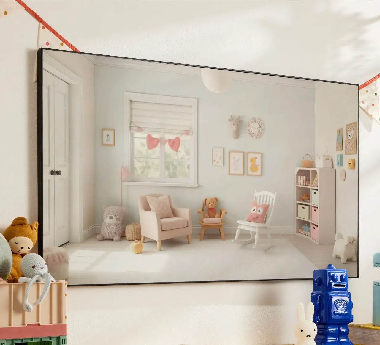 Lichte en gezellige kinderkamer met speelse inrichting en zachte aluminium-dibond van DesignDoodle