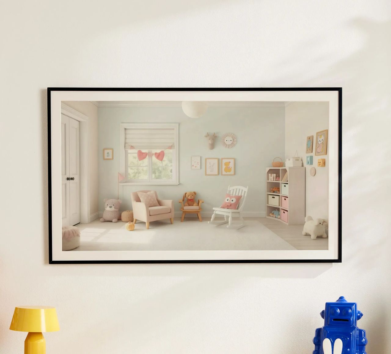Bright and cozy children's room with playful decor and soft poster by DesignDoodle