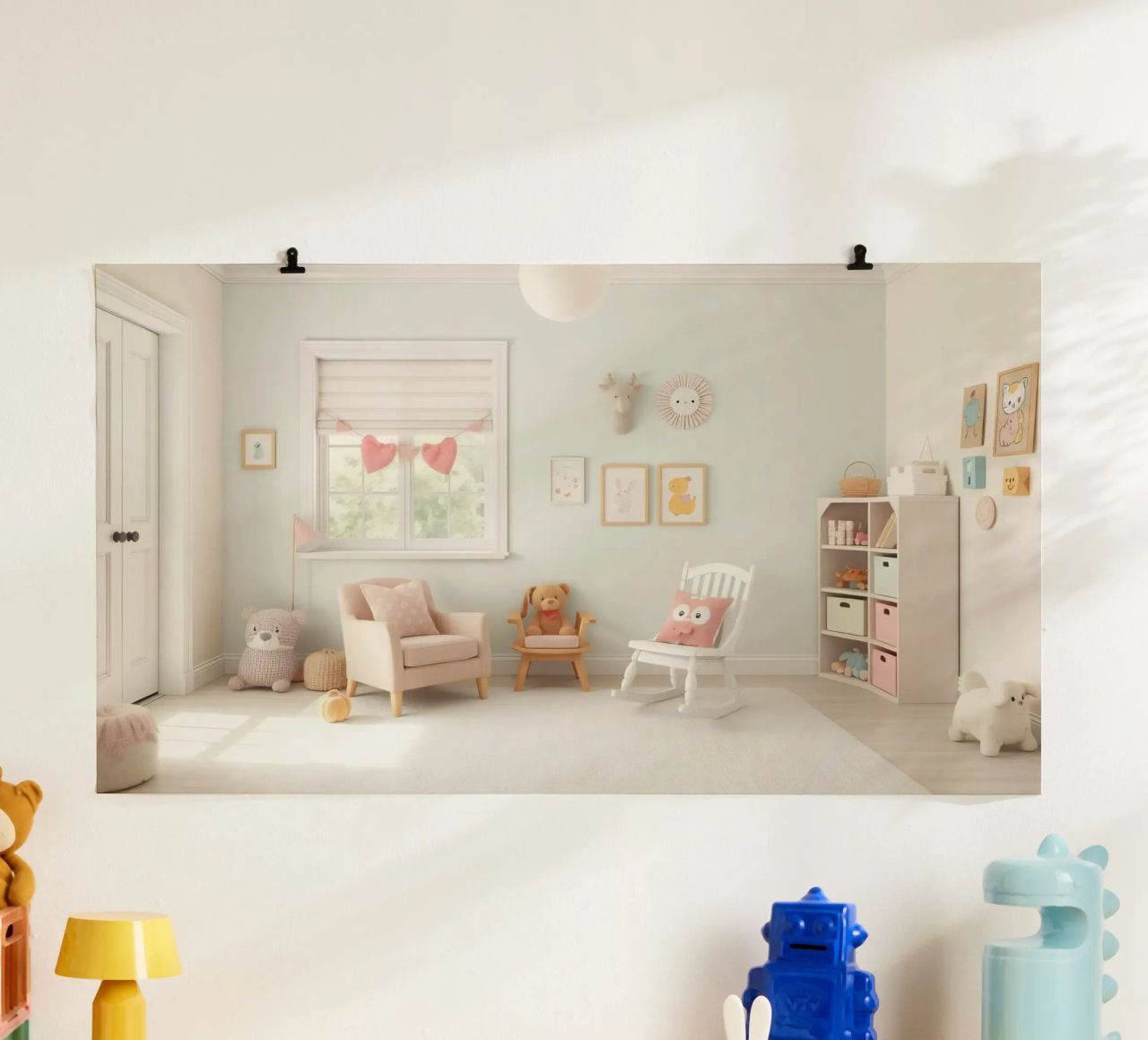 Bright and cozy children's room with playful decor and soft poster by DesignDoodle