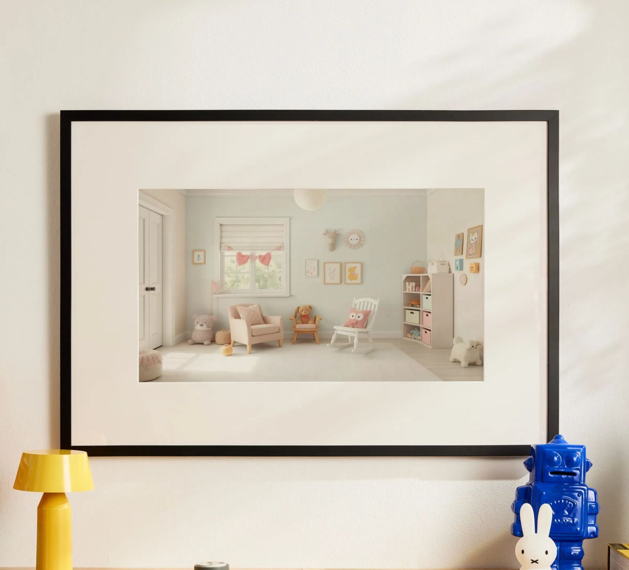 Bright and cozy children's room with playful decor and soft poster by DesignDoodle