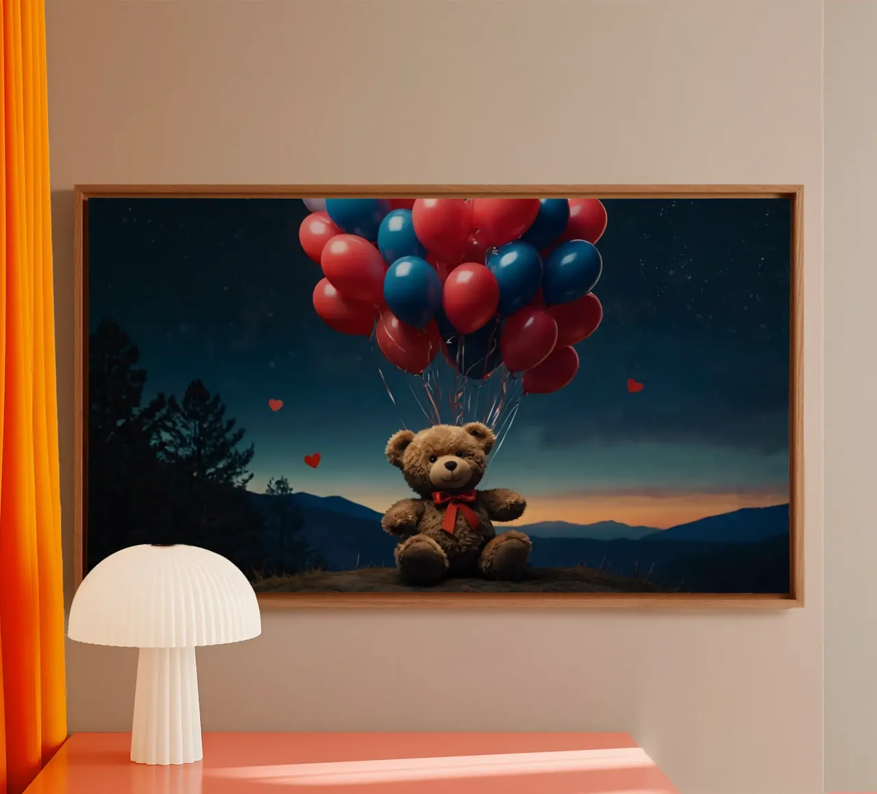Teddy bear holding colorful balloons at dusk with mountains canvas with Floater frame by DesignDoodle