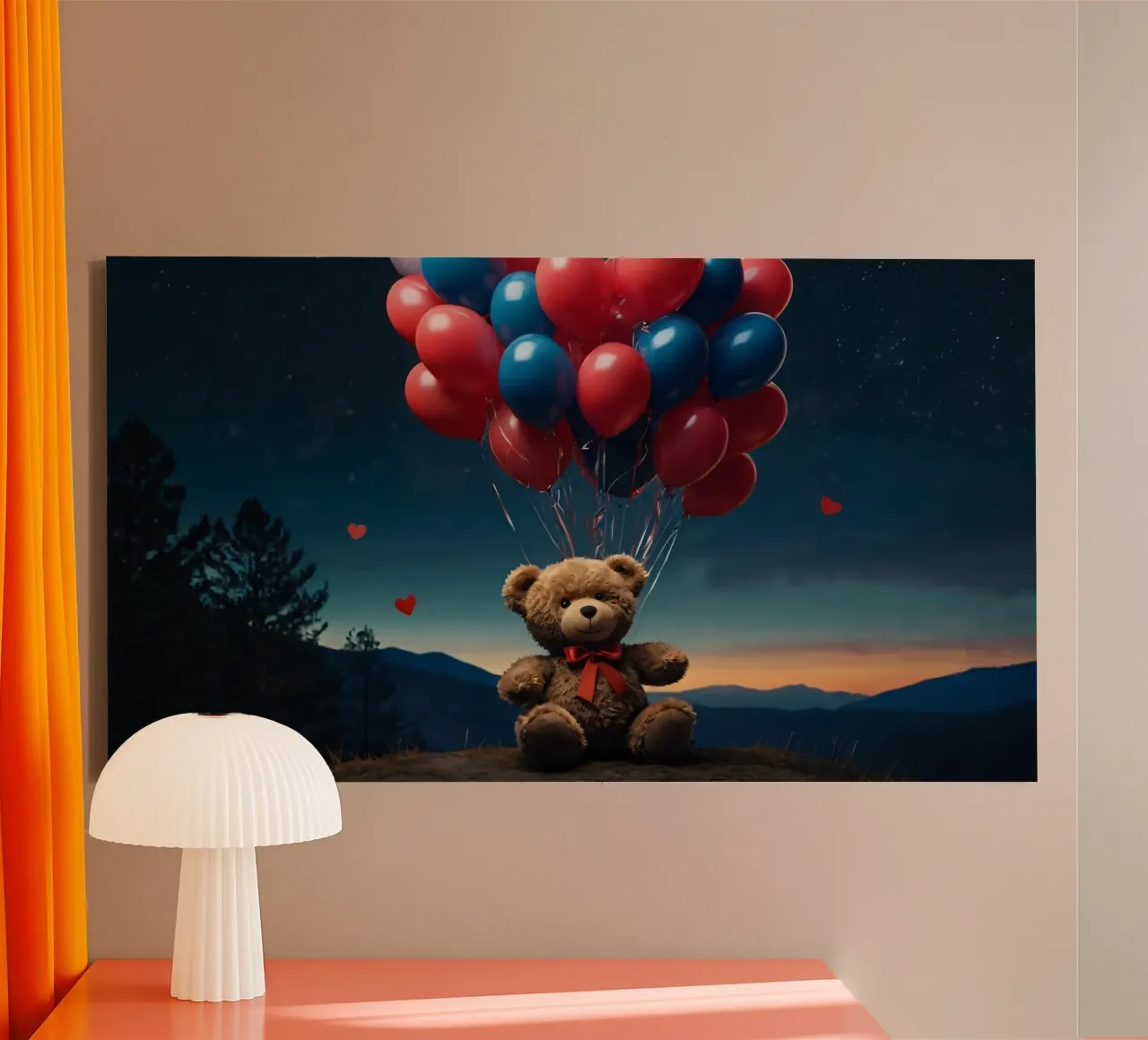 Teddy bear holding colorful balloons at dusk with mountains canvas with Floater frame by DesignDoodle