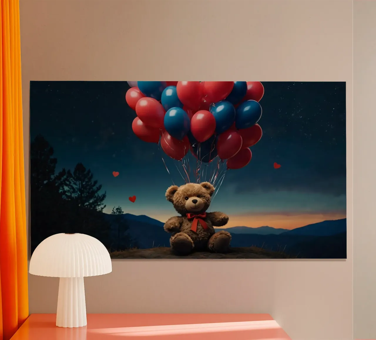 Teddybär hält bunte Luftballons in der Abenddämmerung mit Bergen Poster mit Kunststoffrahmen von DesignDoodle
