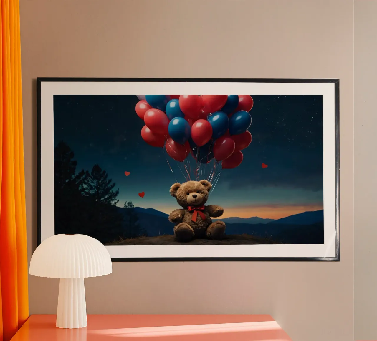 Teddybär hält bunte Luftballons in der Abenddämmerung mit Bergen Poster mit Kunststoffrahmen von DesignDoodle