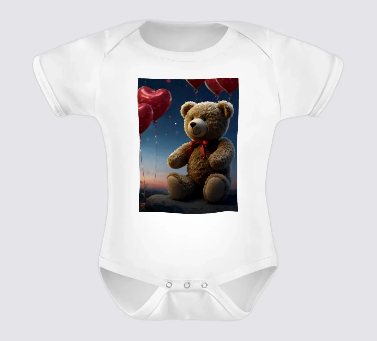 Ourson entouré de ballons en forme de cœur sous un ciel étoilé. body bébé de DesignDoodle