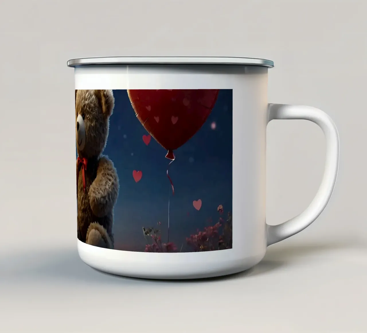 Ourson entouré de ballons en forme de cœur sous un ciel étoilé. mug en émail de DesignDoodle