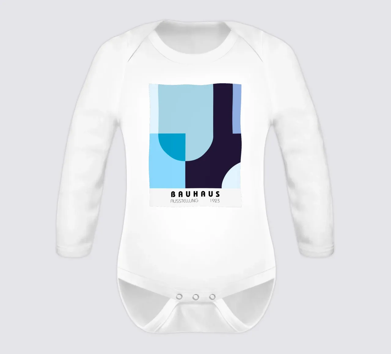 Geometric composition in blue long-sleeve baby romper by Studio Vibe