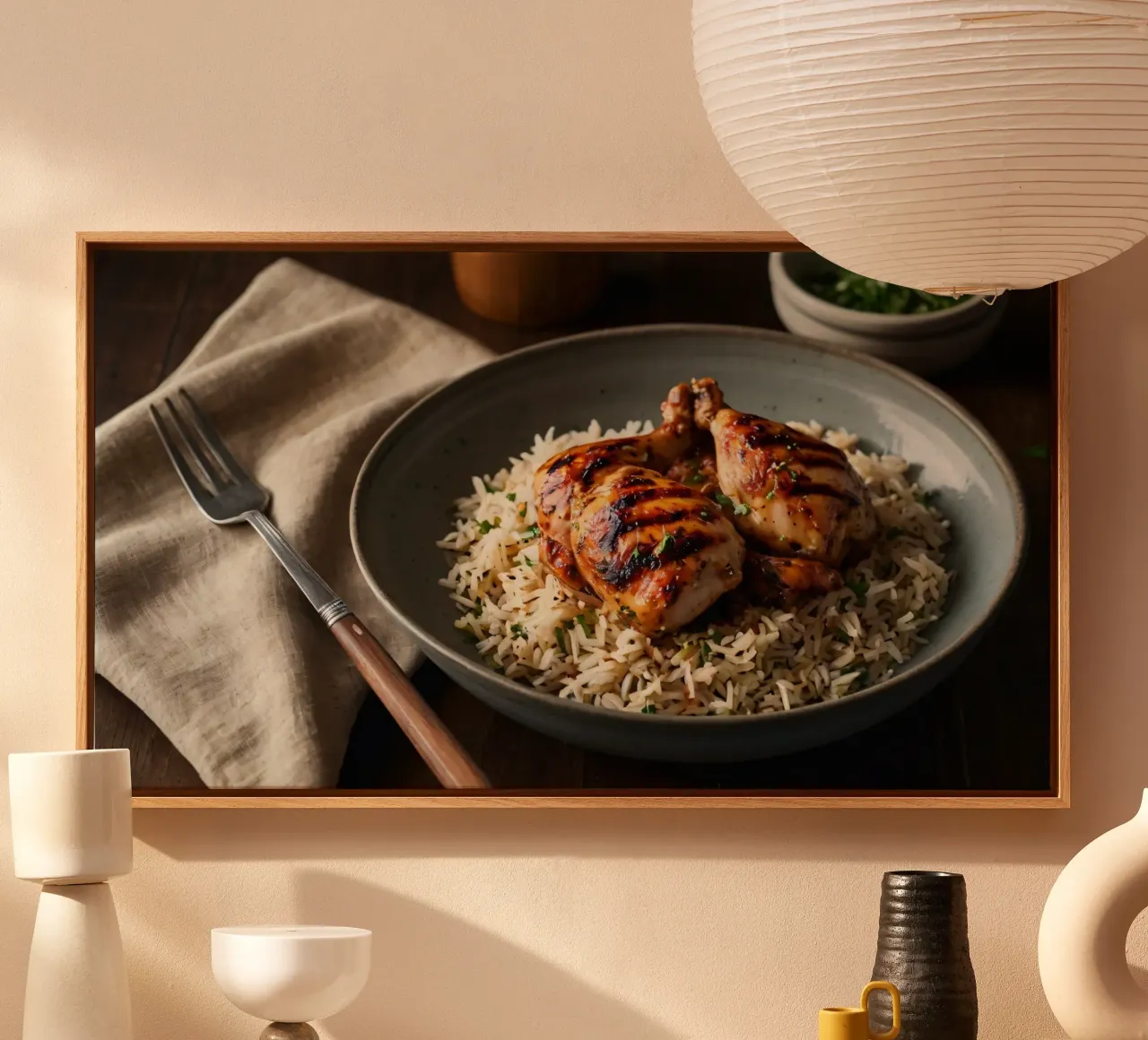 Grilled chicken served over fragrant rice with fresh herbs i canvas with Floater frame by DesignDoodle