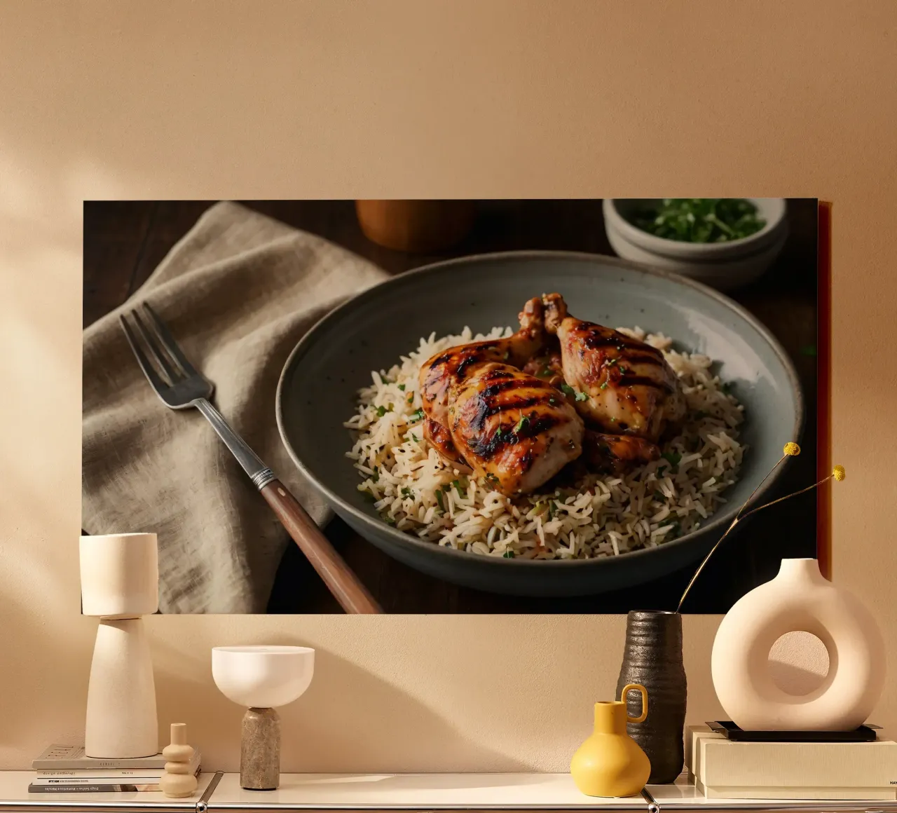 Grilled chicken served over fragrant rice with fresh herbs i canvas with Floater frame by DesignDoodle