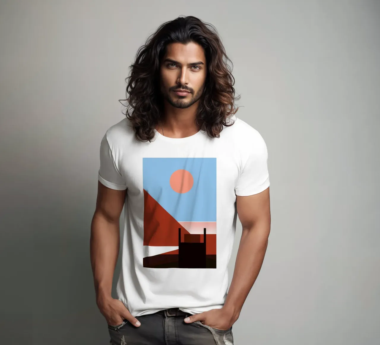 Svalbard - Sole rosso su un'architettura astratta t-shirt da Affiches Minimalistes
